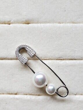APM Monaco Silver Faux Pearl Pave Safety Pin Pendant/Charm